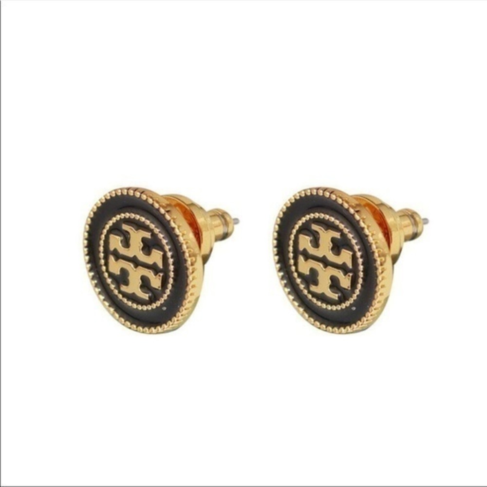 Tory Burch Black Double Circle Gold Logo Earrings With Dust Bag